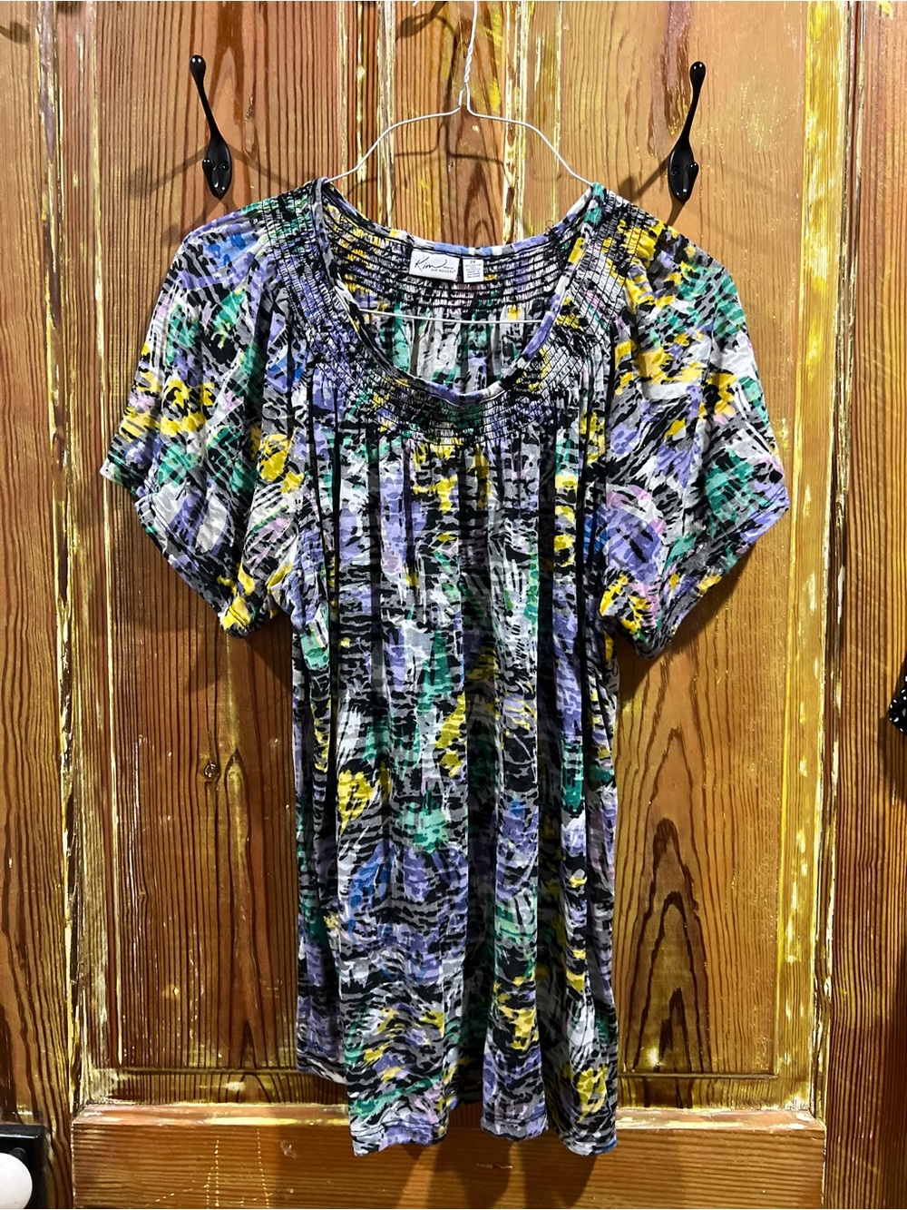 Kim Rogers Multicolor Short Sleeve Printed Top - Green, Purple, Yellow, Black